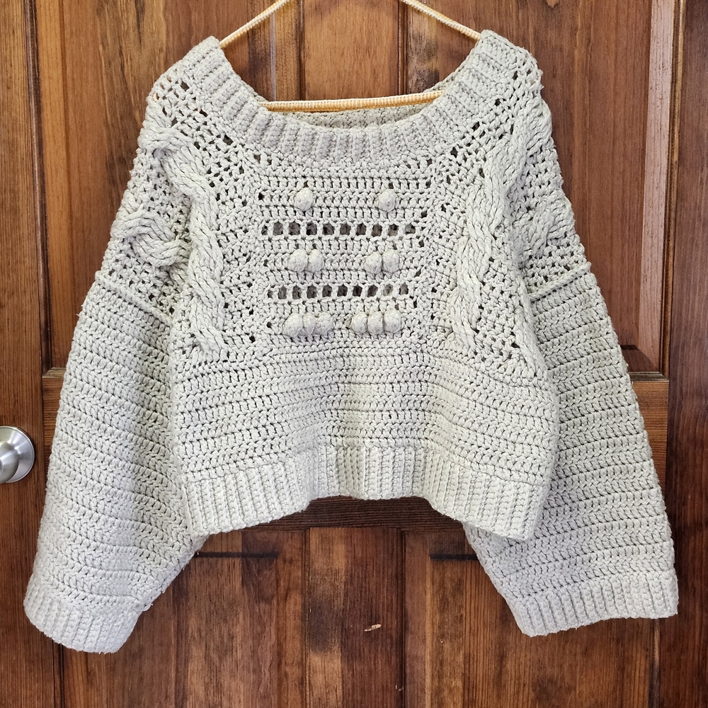 Hand Crochet Chunky Cropped Knit Sweater Cream Taupe Cable Knit One Size